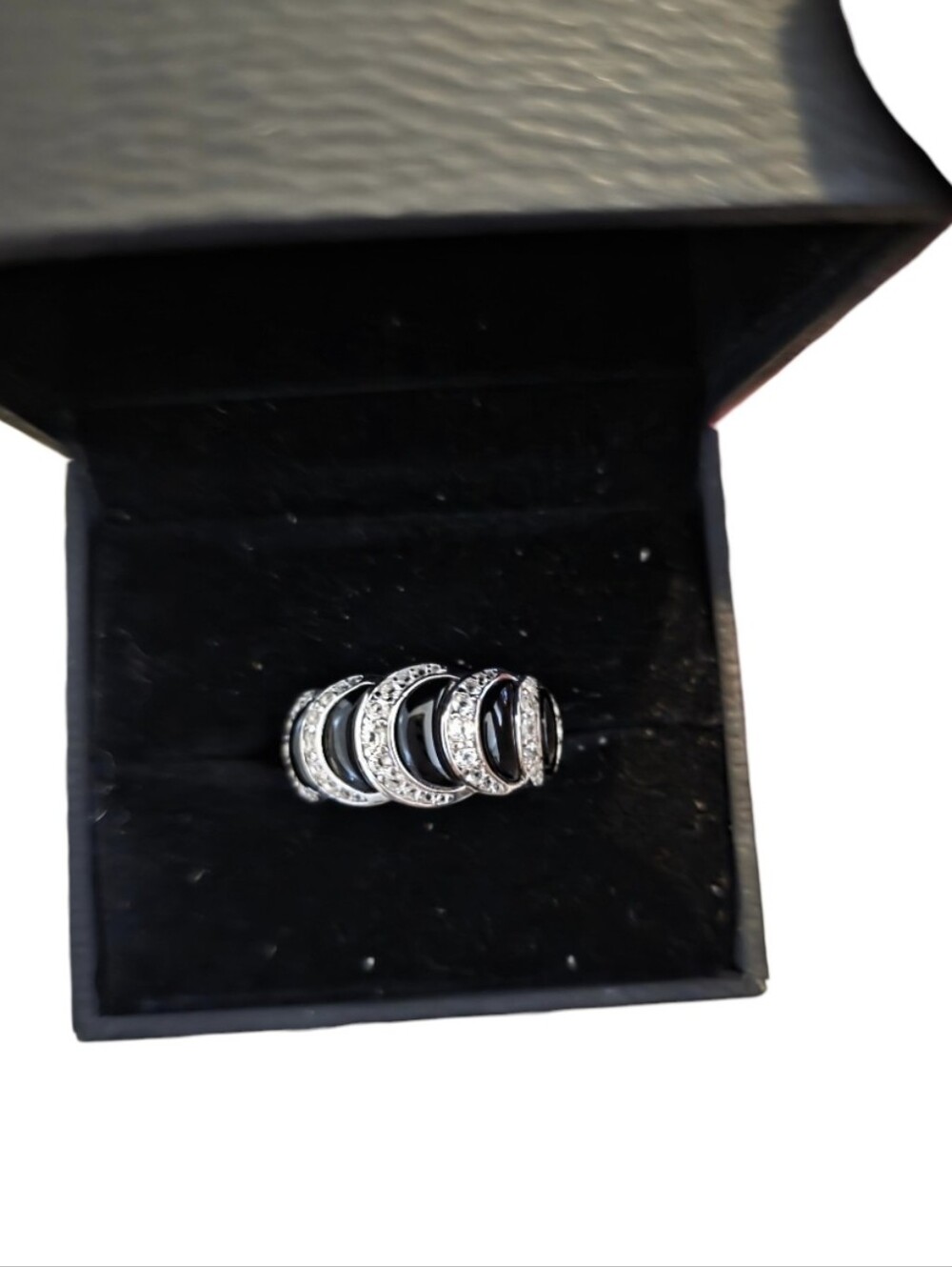 Silver Ring with Black Enamel Crescent Accents - Picture 1 of 5